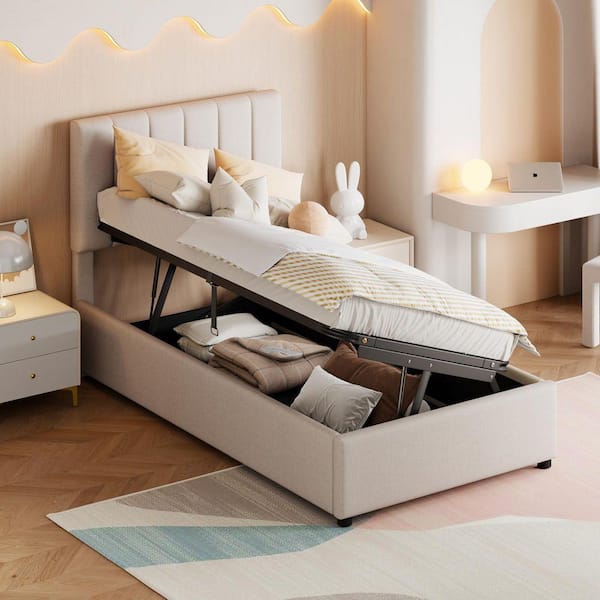 Beige Wood Frame Twin Size Upholstered Platform Bed with a Hydraulic Storage System