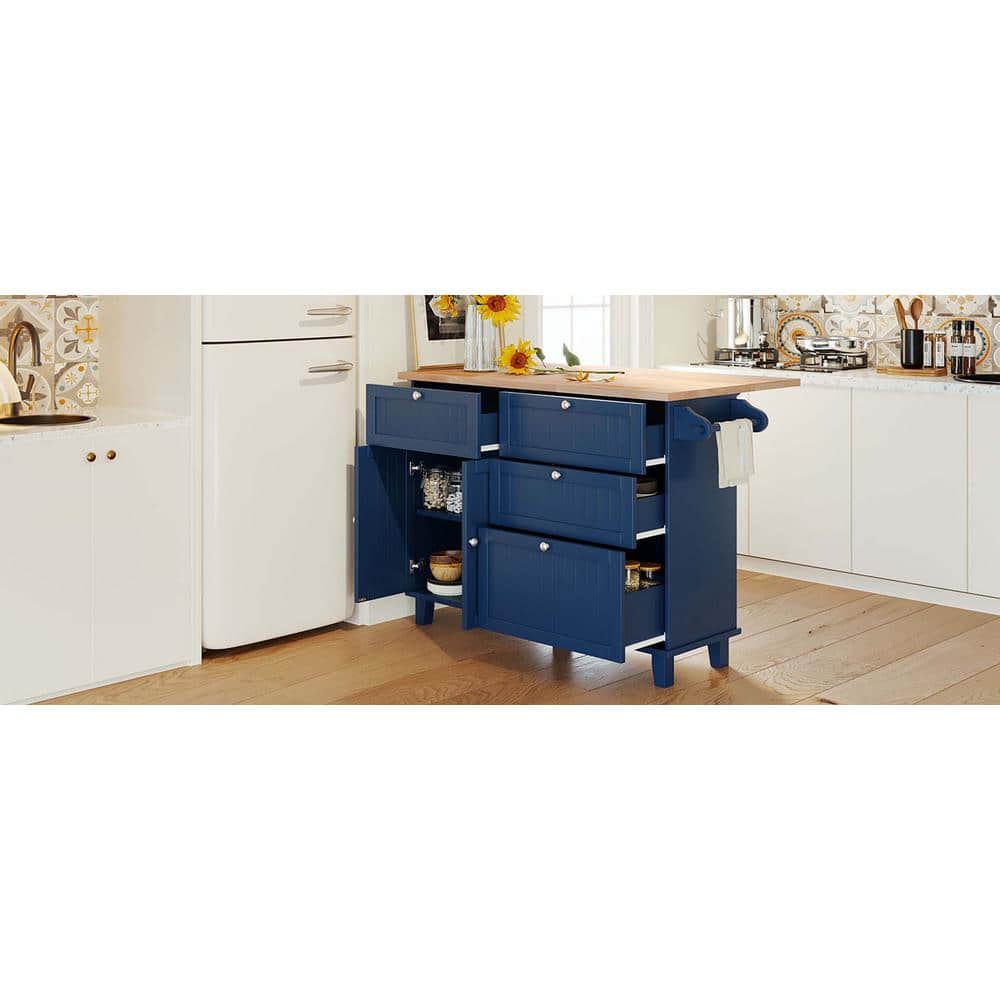Blue Solid Wood Kitchen Island with Drawers and Storage Cabinet