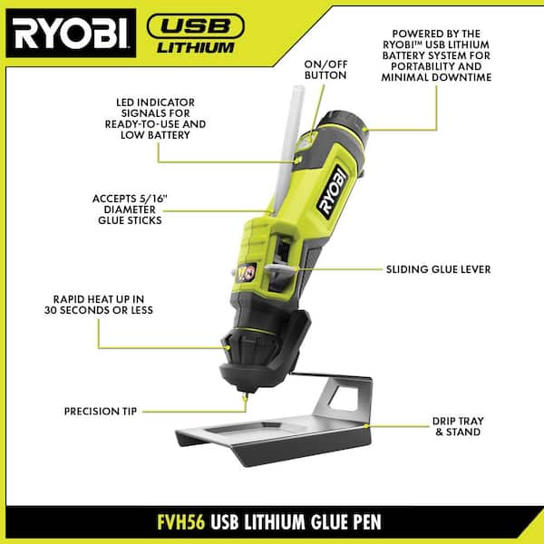 RYOBI - USB Lithium Glue Pen Kit with 2.0 Ah USB Lithium Battery, Charging Cable, and Mini Size Glue Sticks (24-Piece)