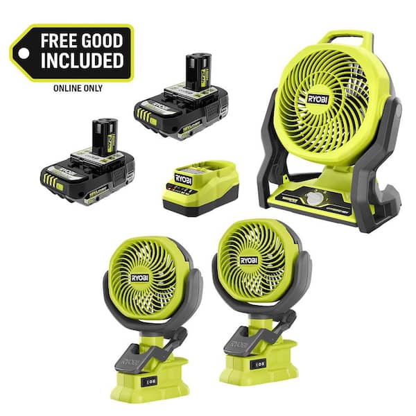 ONE+ 18V Cordless Hybrid 7.5 in. Fan Kit w/ (2) 2Ah Batteries, Charger, w/ FREE ONE+ Cordless 4 in. Clamp Fan (2-Pack)