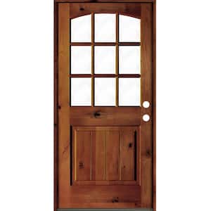 32 in. x 80 in. Knotty Alder Left-Hand/Inswing 9-Lite Arch Top Clear Glass Red Chestnut Stain Wood Prehung Front Door