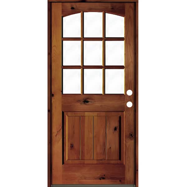 Krosswood Doors 36 in. x 80 in. Knotty Alder Left-Hand/Inswing 9-Lite Arch Top Clear Glass Red Chestnut Stain Wood Prehung Front Door