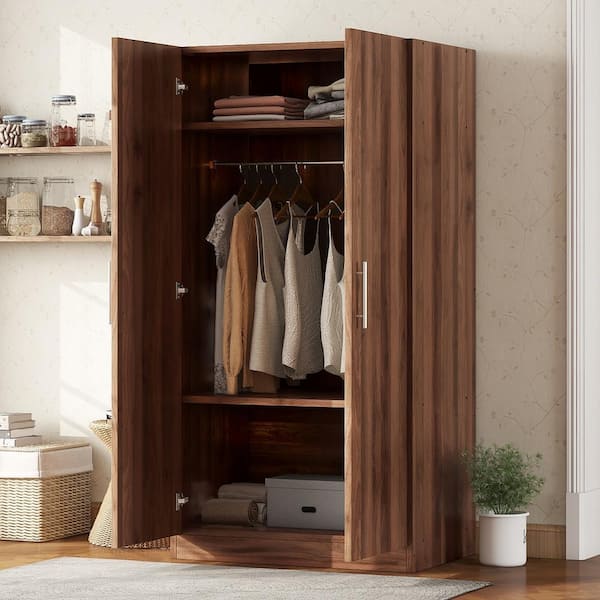 2-Door Brown Wood 31.50 in. Wardrobe Armoire with 3 Storage