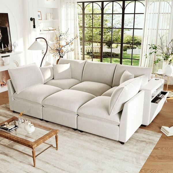Berynto Modern 93.7 in. Chenille Upholstered Sectional Sofa in Beige with Ottoman, Storage Armrests and USB Ports