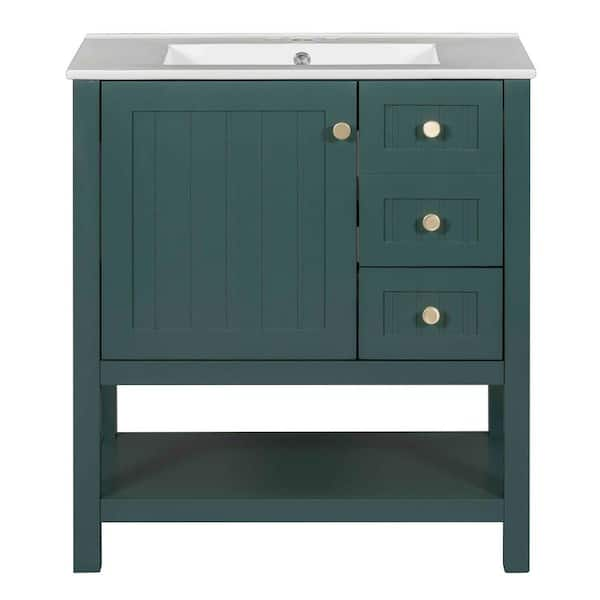 30 in. W Single Sink Freestanding Bath Vanity in Green with White Ceramic Top, 1 Door, 1 Shelf and 2 Drawers