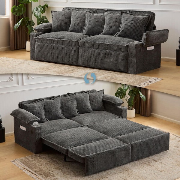 Sophia 3-in-1 Convertible 82.7 in. Gray Chenille Upholstered King Sofa Bed with Pillows, USB Charging Port, Storage