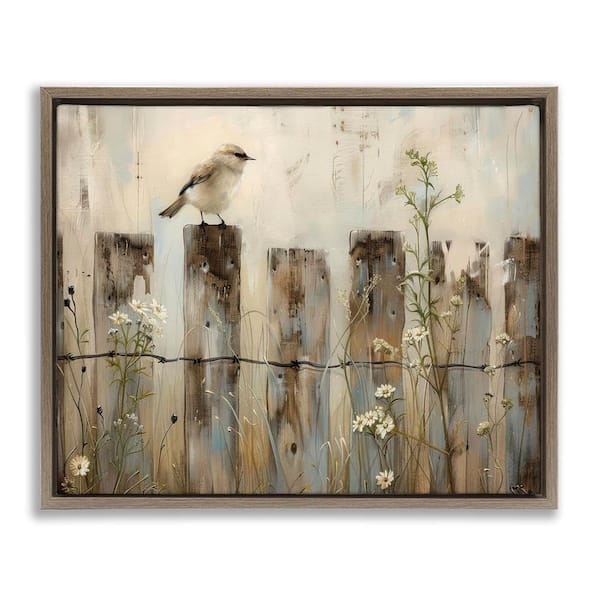 Fence Perched Country Bird by Arlington Prints Brown Floater Frame Animal Graphic Art Print 25 in. x 31 in.