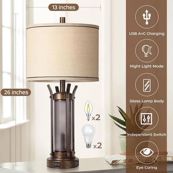 26" Farmhouse Table Lamps(Set of 2) for Living Room Rustic Beside Lamps For Bedroom With Usb A+C Charging Ports, Bronze
