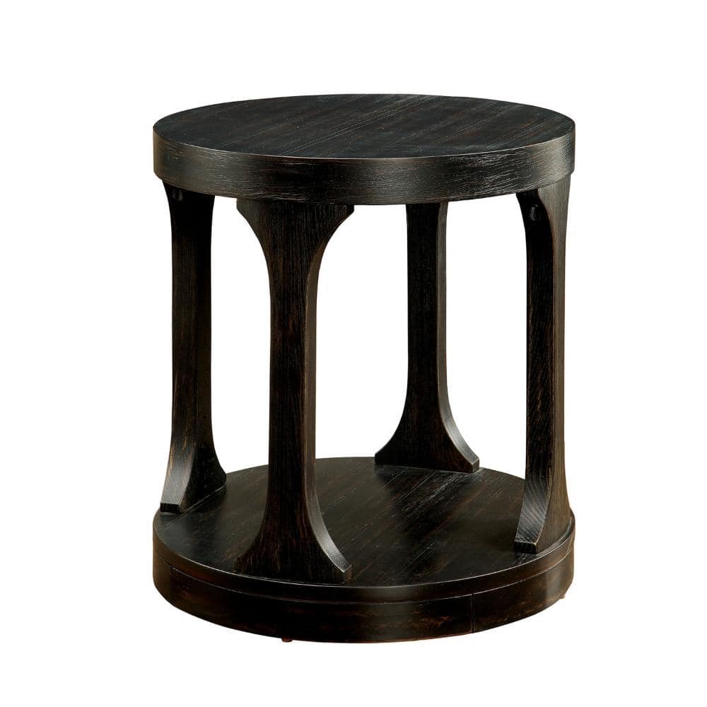 Antique Black Round Wood and Metal End Table