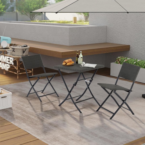 Zeus & Ruta 3 Piece Wicker Outdoor Bistro Set with Foldable Table and 2-Chairs, Gray