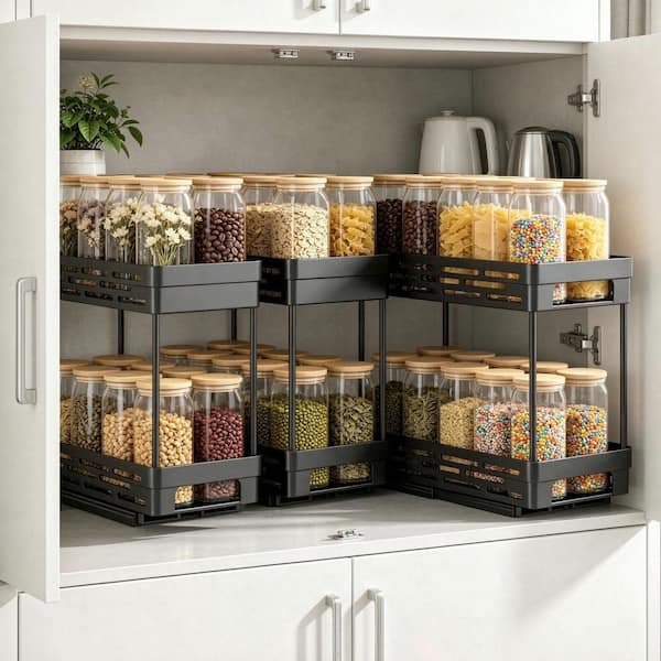 3 Pack Pull Out Spice Rack Organizer for Cabinet, 2 Tier Slide Out Spice Racks Organizer, Black