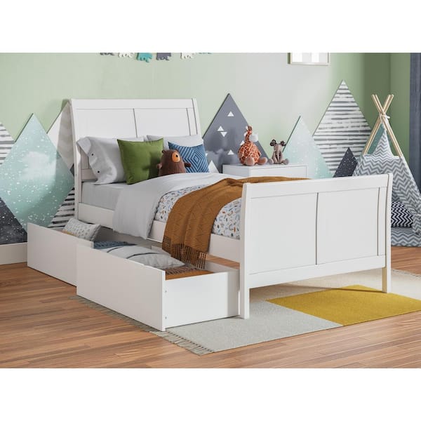 AFI Portland White Twin Solid Wood Storage Platform Bed with Matching Foot Board with 2 Bed Drawers