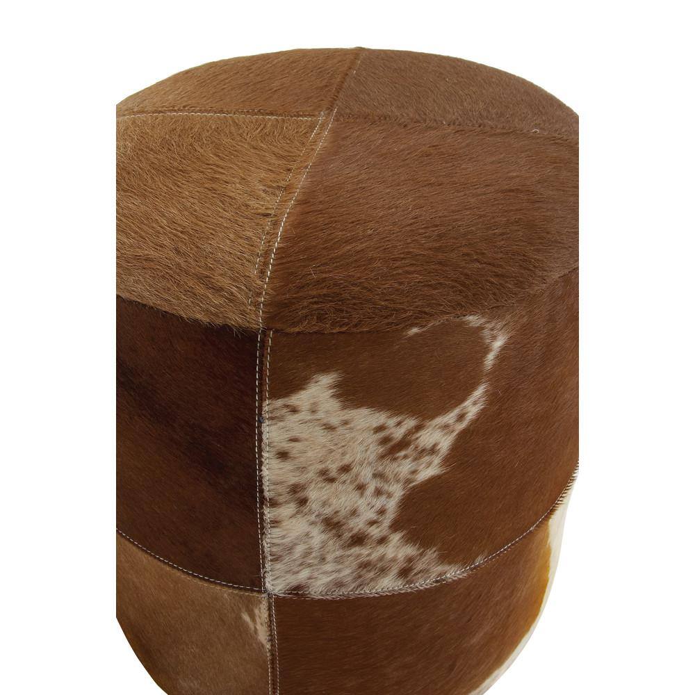 Handmade Patchwork Leather Cylinder Ottoman in Brown - 16" x 16" x 16"