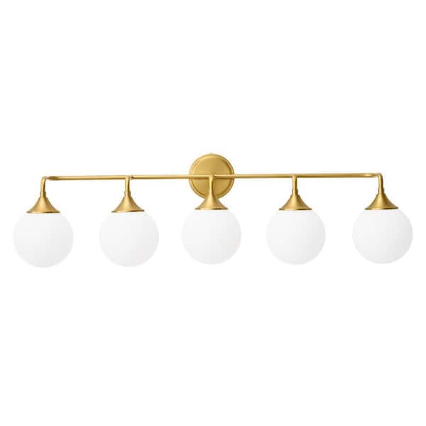 38.9 in. 5-Light Gold Vanity Light with Milk White Glass Shade, Suitable for Bathrooms Dining Room Powder Rooms