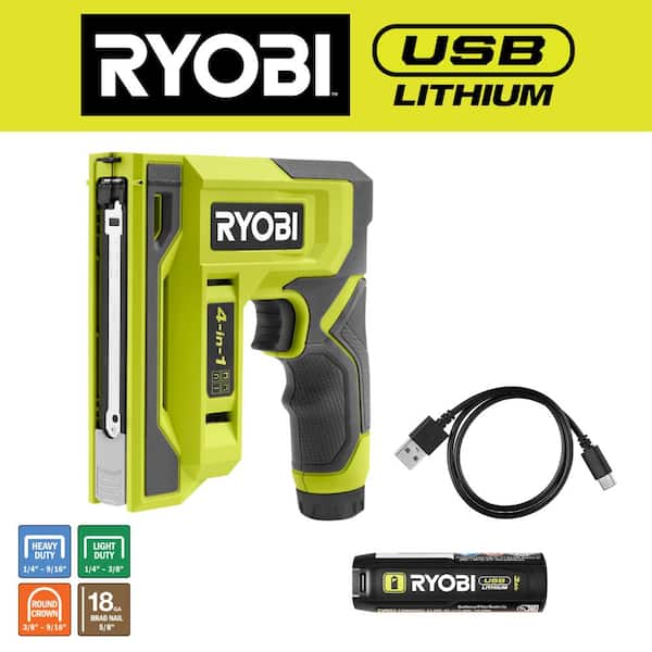 RYOBI - USB Lithium Cordless Craft 4-in-1 Stapler/Nailer Kit with 3.0 Ah Battery and Charging Cable