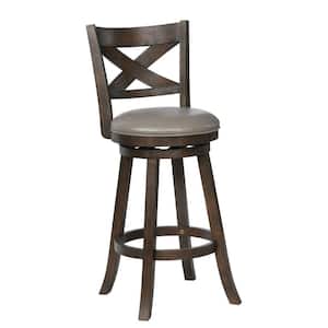 37.5 in. Gray and Brown Low Back Wood Frame Barstool with Faux Leather Seat (Set of 2)