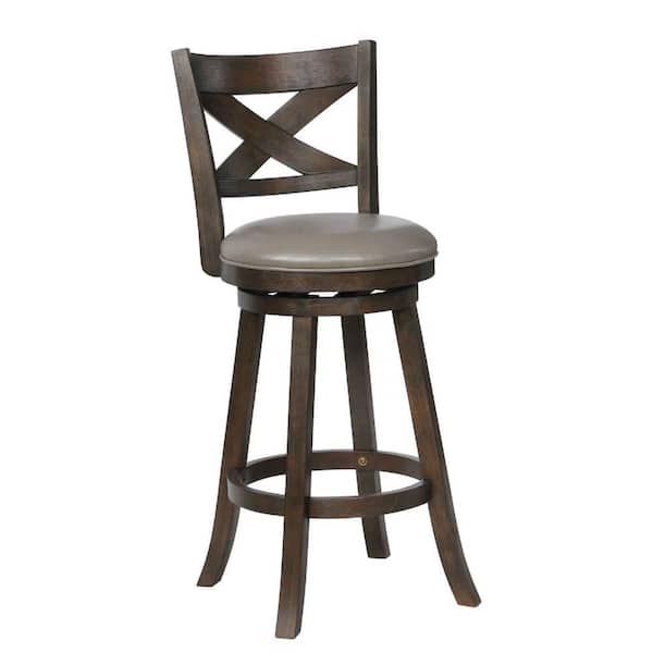 Benjara 37.5 in. Gray and Brown Low Back Wood Frame Barstool with Faux Leather Seat (Set of 2)