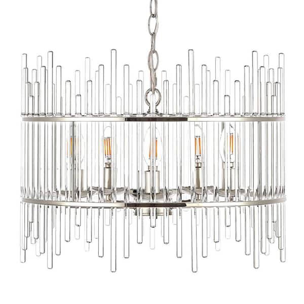 5-Light Nickel Pendant Light Fixture with Glass Pillar Lampshade