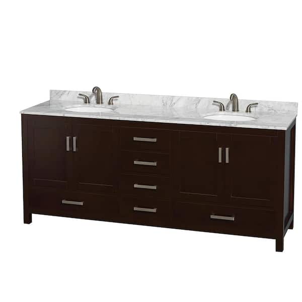 Wyndham Collection Sheffield 80 in. W x 22 in. D x 35 in. H Double Bath Vanity in Espresso with White Carrara Marble Top