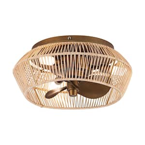 13.5 in Indoor Antique Brushed Gold Cage Flush Mount Ceiling Fan with Lights, Low Profile Ceiling Fan with Remote