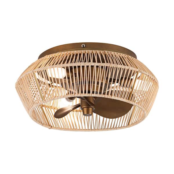 Parrot Uncle 13.5 in. Indoor Antique Brushed Gold Cage Flush Mount Ceiling Fan with Light and Remote