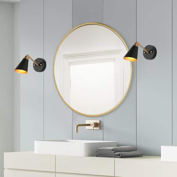 Flumie 1-Light Industrial Black Indoor Wall Sconce Modern Brass Vanity Light Adjustable Head with Cone Metal Shade