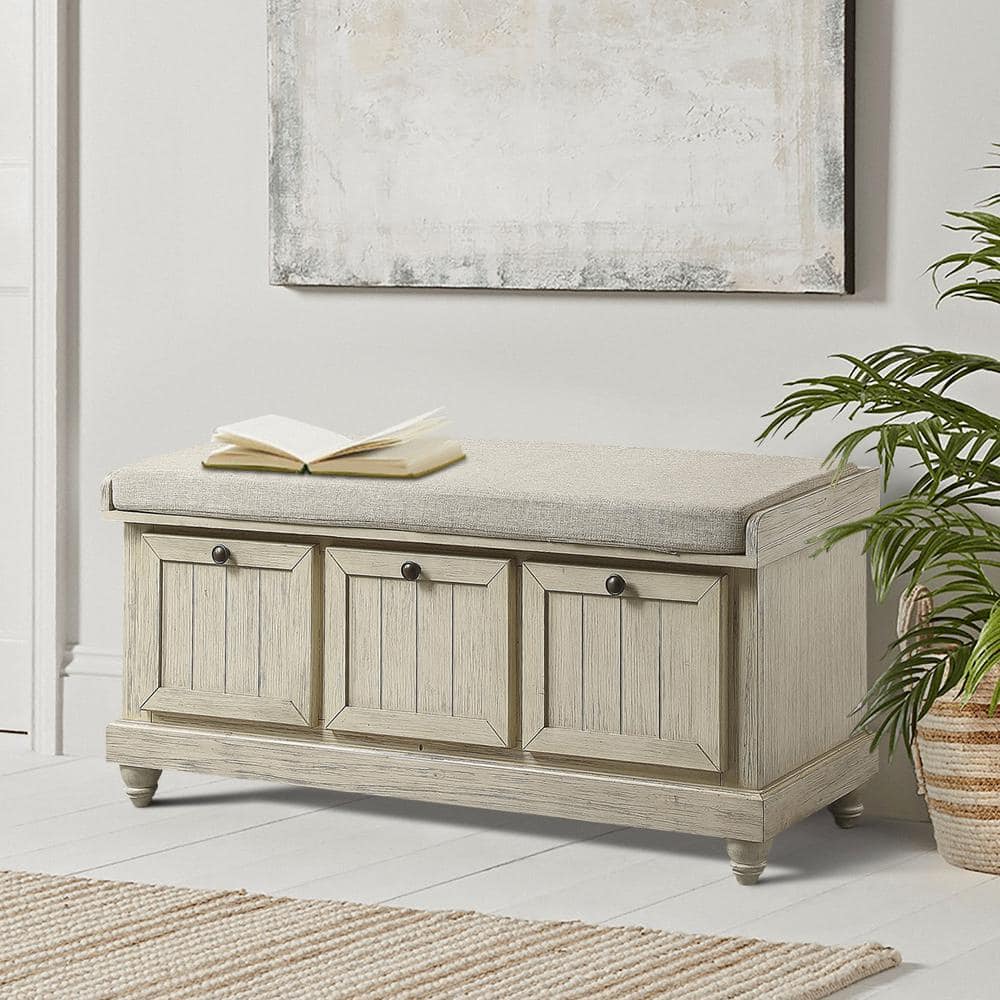 Distressed White Wood Storage Bench with Gray Cushion