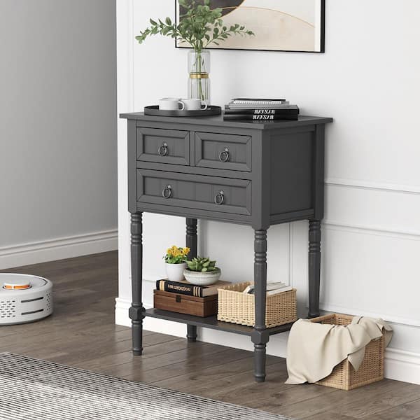 24 in. Dark Grey Wood Console Entryway Table With 3-Drawers Open Shelf for Hallway Living room
