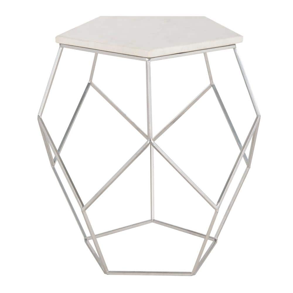 Transitional Hexagonal 18" Silver Stone & Metal Side Table