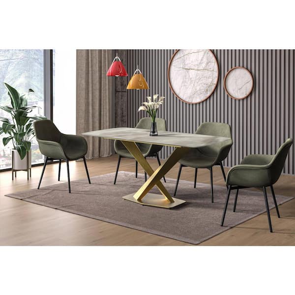 Leisuremod Voren Modern Deep Grey Stone Tabletop 71 in. Double Pedestal Base Dining Table 10-Seater in Gold Stainless Steel