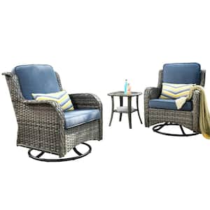 Oreille Grey 3-Piece Wicker Outdoor Patio Conversation Swivel Chair Set with a Side Table and Denim Blue Cushions