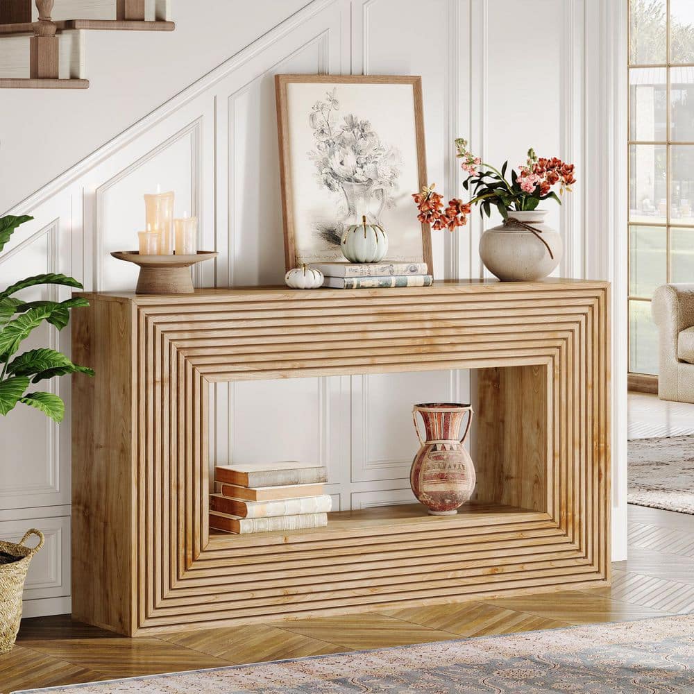Turrella 59 in. Rectangle Wood Oak Console Table, 2-Tier Farmhouse Sofa Table Behind Couch Table with Storage