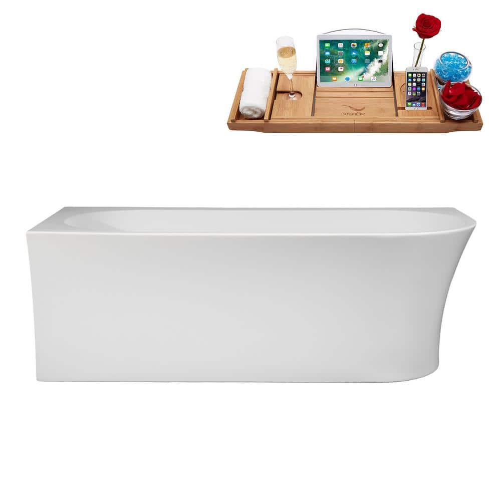 67" Glossy White Acrylic Freestanding Soaking Tub with Tray