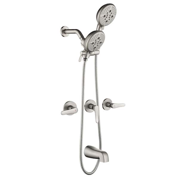 FLG Triple Handle 5-Spray Tub and Shower Faucet 1.8 GPM Wall Mount Dual 2-in-1 Shower System Brushed Nickel Valve Included