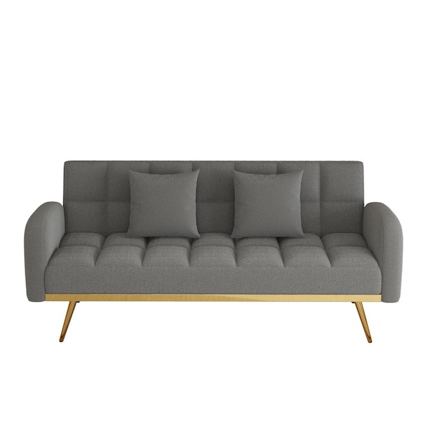 Z-joyee 69 in. Gray Teddy Fabric Twin Size Adjustable Sofa Bed with 2 Pillows