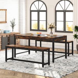 Rusctic Brown Engineered Wood 63 in. 4-Legs Dining Table Set with 2-Benches Seating 4 to 6