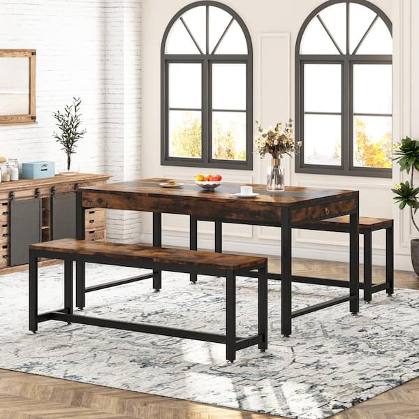 BYBLIGHT Rusctic Brown Engineered Wood 63 in. 4-Legs Dining Table Set with 2-Benches Seating 4 to 6