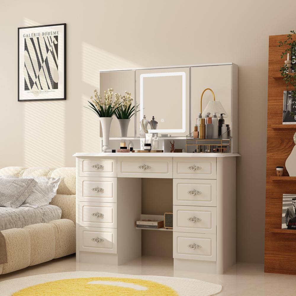 White Makeup Vanity Table Dressing Desk W/3-Mirrors,LED Lighted, 9-Drawers, Hidden Storage Shelves, Carved Metal Handles - thumbnail 4