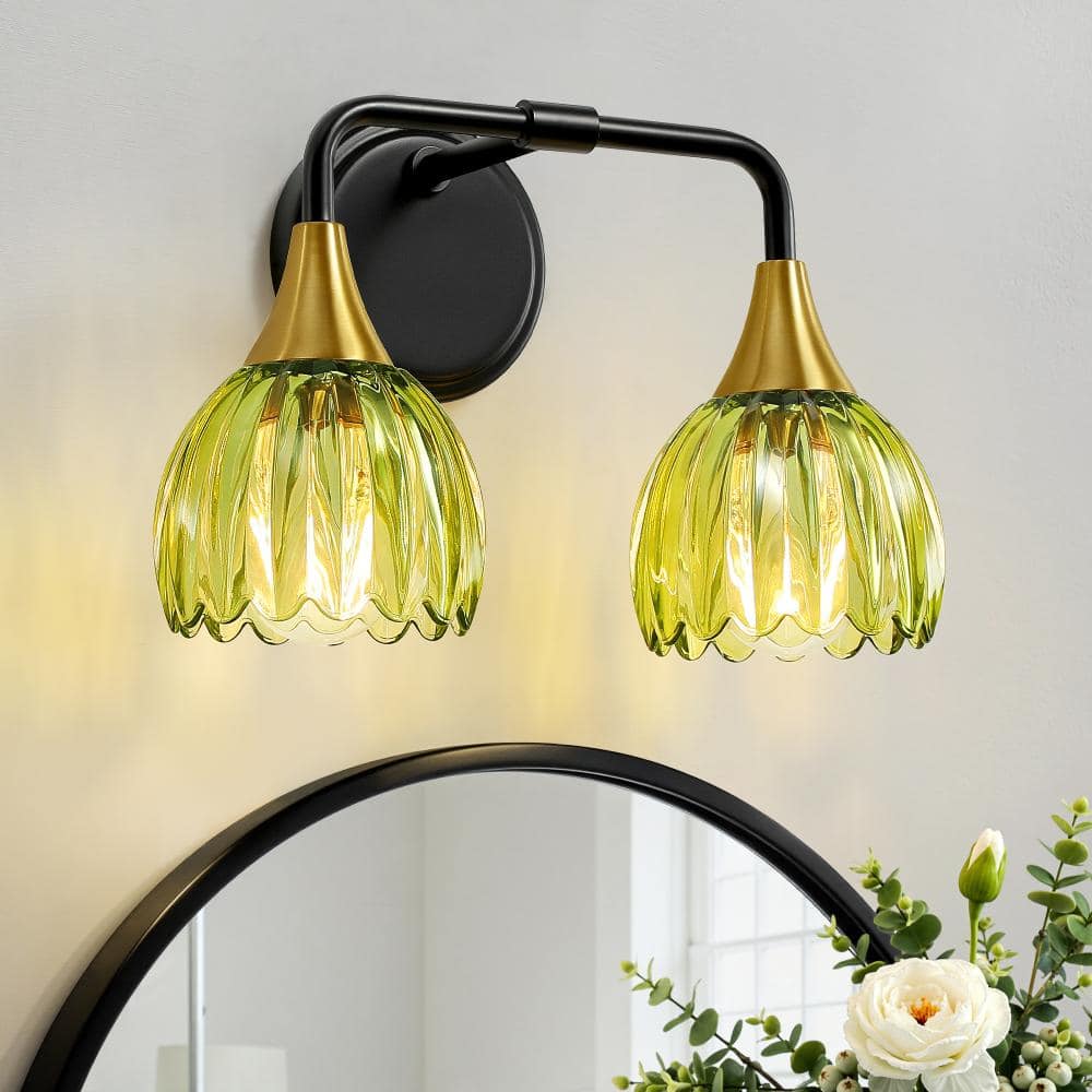 13 in. 2-Lights Modern Black Vanity Light Fixtures Bathroom Wall Sconce With Green Tulip Glass Shade and E26 Socket Base price history on PriceWatchPro
