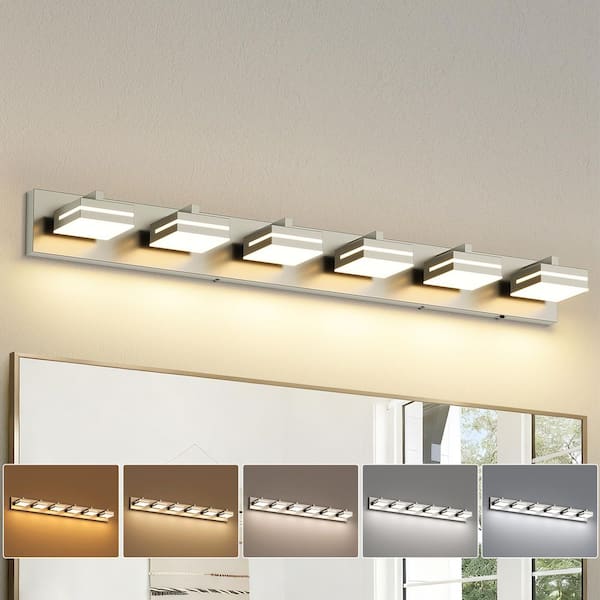 40.94 in. 6-Light Nickel LED Bathroom Vanity Light with 5-CCT Adjustable Switch and Acrylic Lampshade