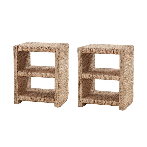 Erminio 24 in. Natural Coastal Style Grass Rope Side Table with 2-Open Shelves (Set of 2)