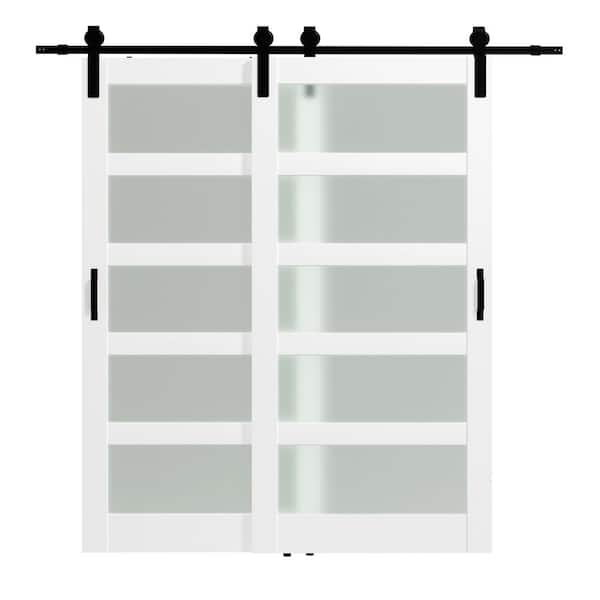 84 in. x 84 in. Frosted Glass, Double 5-Lites, White, MDF, Painted, Bypass Style, Sliding Barn Door with Hardware Kit