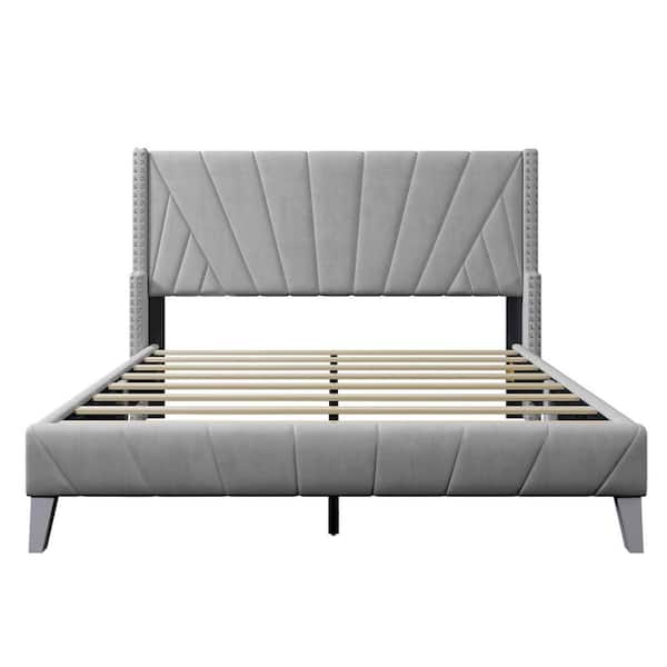 ANBAZAR Gray Wood Frame Queen Upholstered Platform Bed with Side Rails, Headboard, Footboard, Nailhead Trim, Channel Tufting