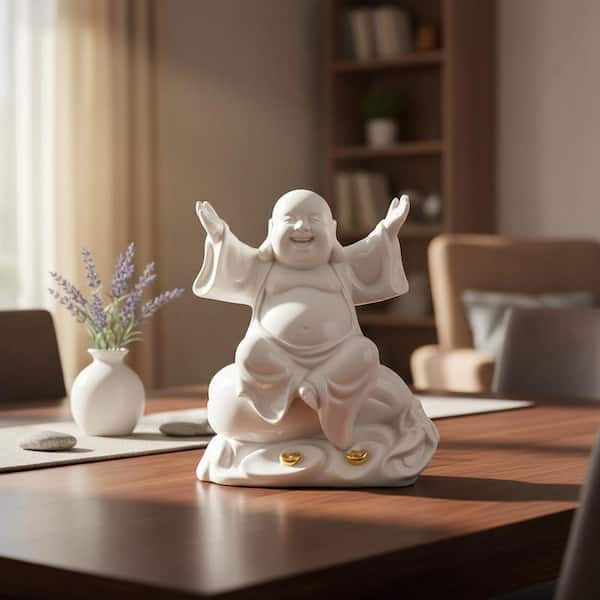 8.2 in. x 6.8 in. White Ceramic Laughing Buddha Statue - Feng Shui
