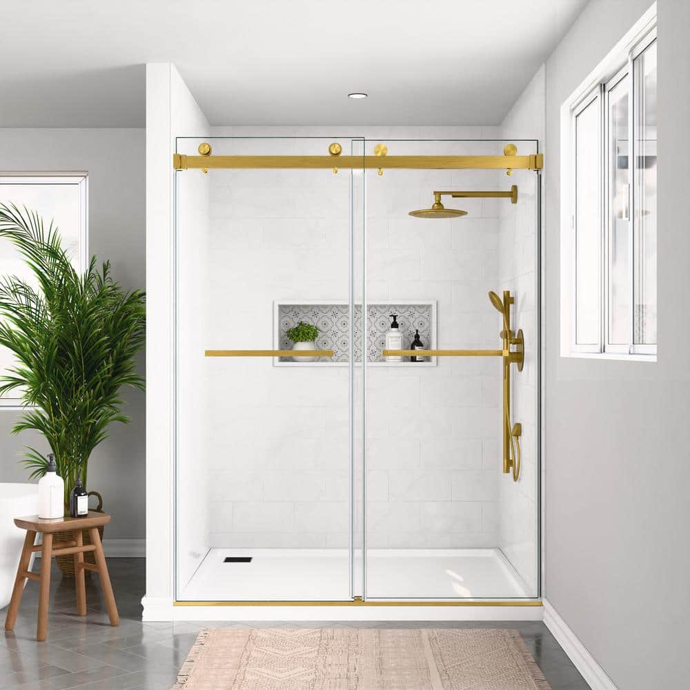 56-60 in. W x 80 in. H Double Sliding Frameless Shower Door in Brushed Gold with Smooth Sliding and 3/8 in. Clear Glass price history on PriceWatchPro