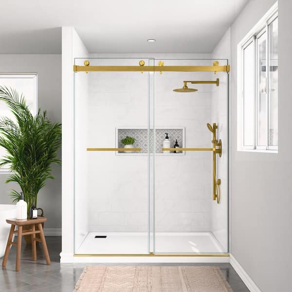 mortix 56-60 in. W x 80 in. H Double Sliding Frameless Shower Door in Brushed Gold with Smooth Sliding and 3/8 in. Clear Glass