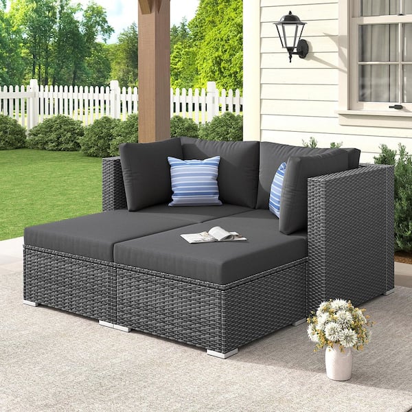FINCATI 4-Piece Deep Seating Wicker Loveseat Outdoor Serving Bar Sets with Dark Gray Cushions for Patio and Backyard Lounge