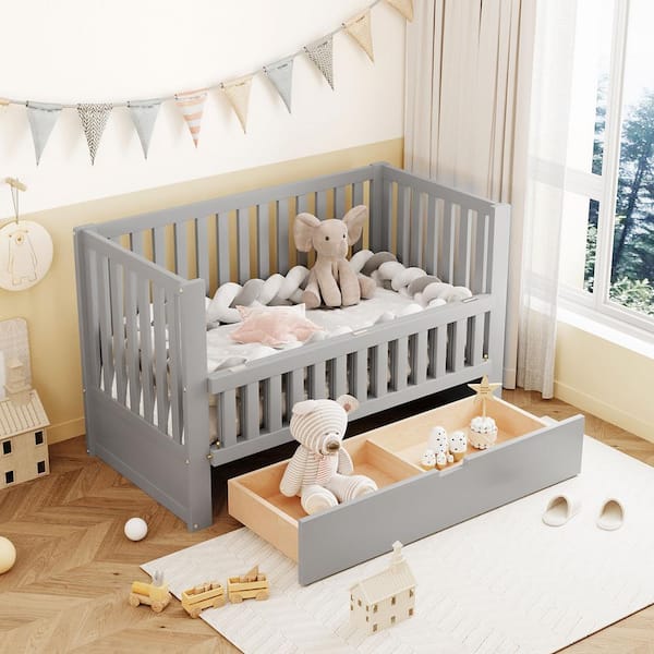 Harper & Bright Designs Gray Crib with 2-Drawer and 3 Adjustable Height Options