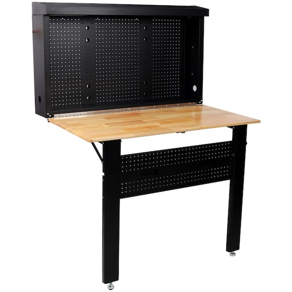 Robust Wall Mounted Tool Rack Foldable Workbench 32.5 in. W × 47.2 in. D × 63.75 in. H with Rubberwood Top Tool Pegboard