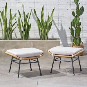 Montana Light Brown Faux Rattan Outdoor Ottoman with Beige Cushion (2-Pack)
